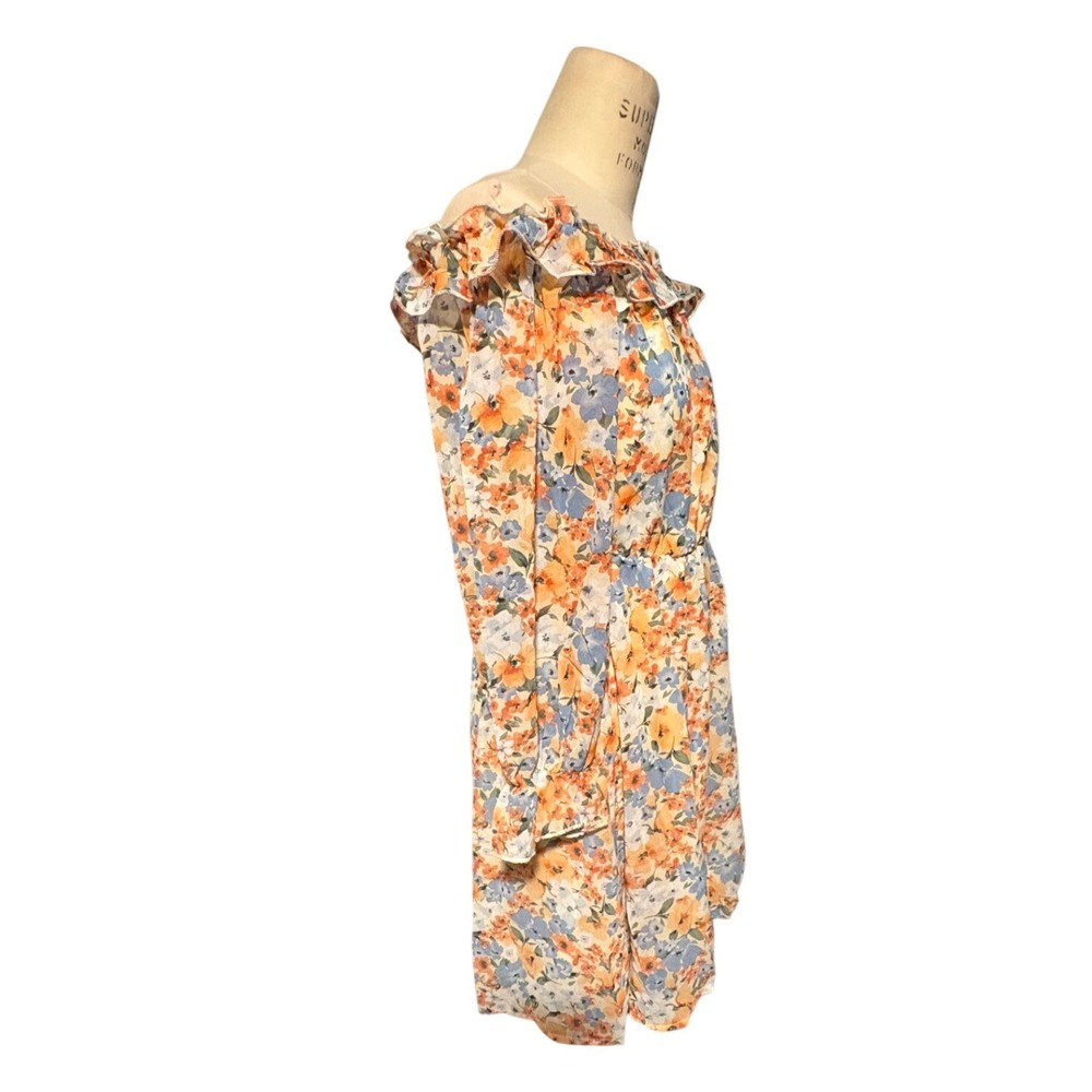 NWT Women M Floral Off The Shoulder Ruffle Mini Dress Orange Blue Easter Wedding - Picture 9 of 9